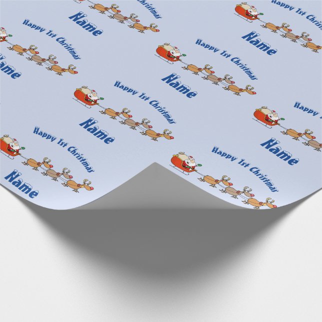 BLUE Babys 1st Christmas Giftwrap Personalised Wrapping Paper (Corner)