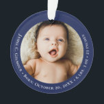 Blue Baby's First Christmas 1 photo Birth date Ornament<br><div class="desc">Celebrate your little one's first holiday with this Blue Baby's First Christmas 1-Photo Birth Date Holiday Ornament. This adorable keepsake features a space to personalise with your baby's photo and birth date, making it a cherished memory to hang on your Christmas tree year after year. The classic Blue design and...</div>