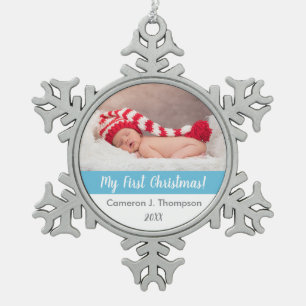 Blue Baby's first christmas baby photo keepsake Snowflake Pewter Christmas Ornament