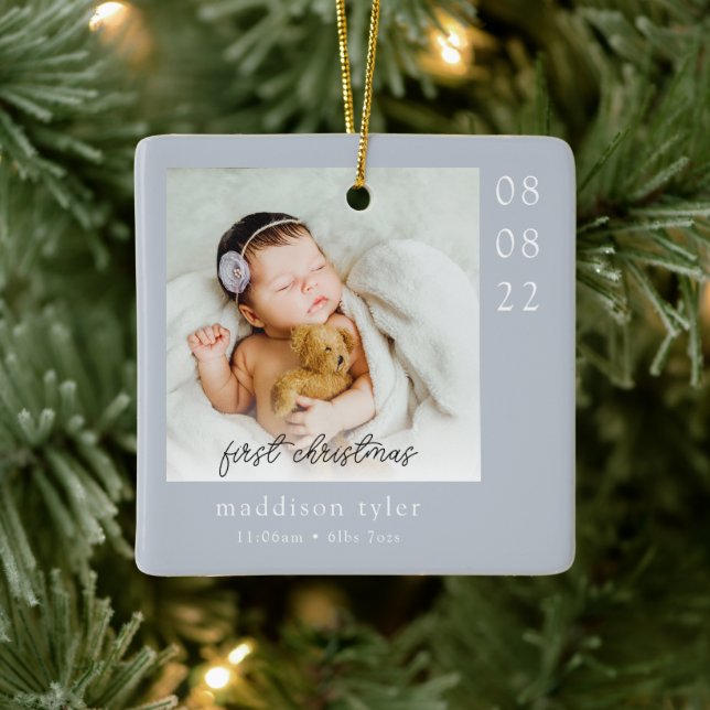 Blue Baby's First Christmas Photo Ceramic Ornament (Tree)