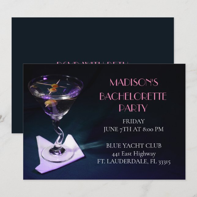 Blue Bachelorette Martini Bridal Party Invitation (Front/Back)