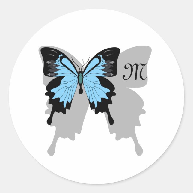 Blue Backed Butterfly Shadow Monogram Classic Round Sticker (Front)