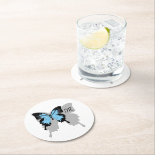 Blue Backed Butterfly Shadow Monogram Round Paper Coaster