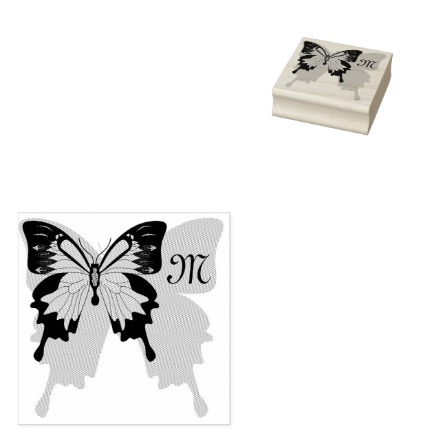 Blue Backed Butterfly Shadow Monogram Rubber Stamp (Stamped)