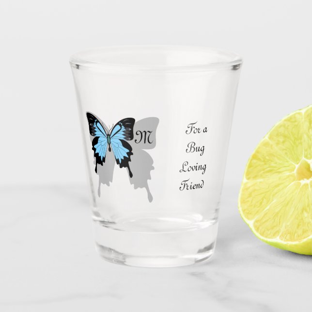 Blue Backed Butterfly Shadow Monogram Shot Glass (Front)