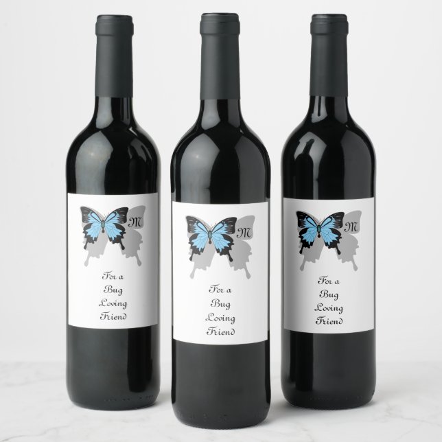 Blue Backed Butterfly Shadow Monogram Wine Label (Bottles)