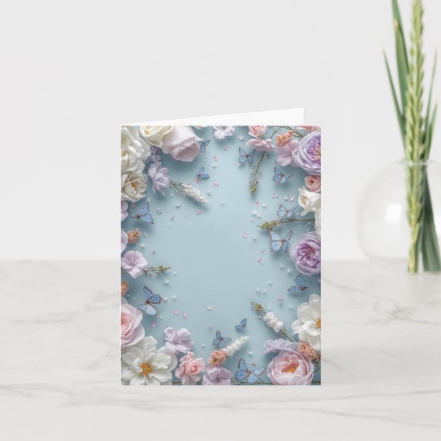 Blue background & butterflies, flowers Blank Card  (Front)