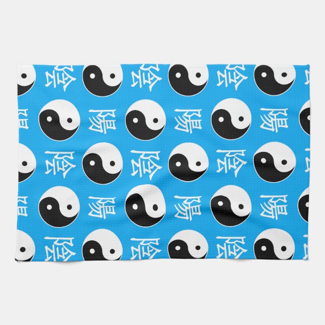 Blue Background Chinese Yinyang Pattern Tea Towel (Horizontal)