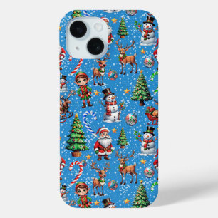 Blue Background Christmas Decorative Pattern iPhone 15 Case