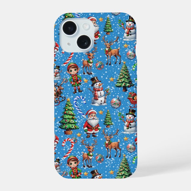 Blue Background Christmas Decorative Pattern iPhone 15 Case (Back)