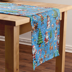Blue Background Christmas Decorative Pattern Short Table Runner