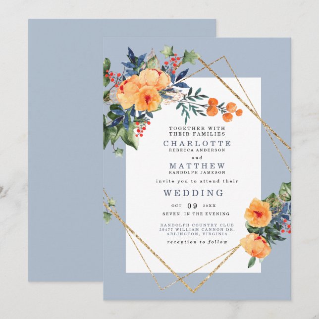Blue Background Colourful Watercolor Floral Weddin Invitation (Front/Back)