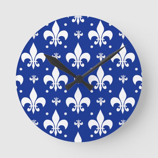 Blue Background Fleur-de-lis Pattern Design  Round Clock (Front)