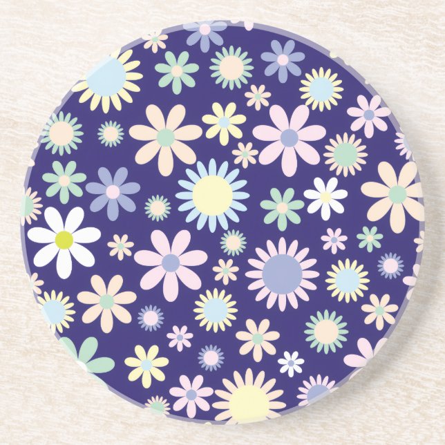 Blue Background Floral Pattern Coaster (Front)