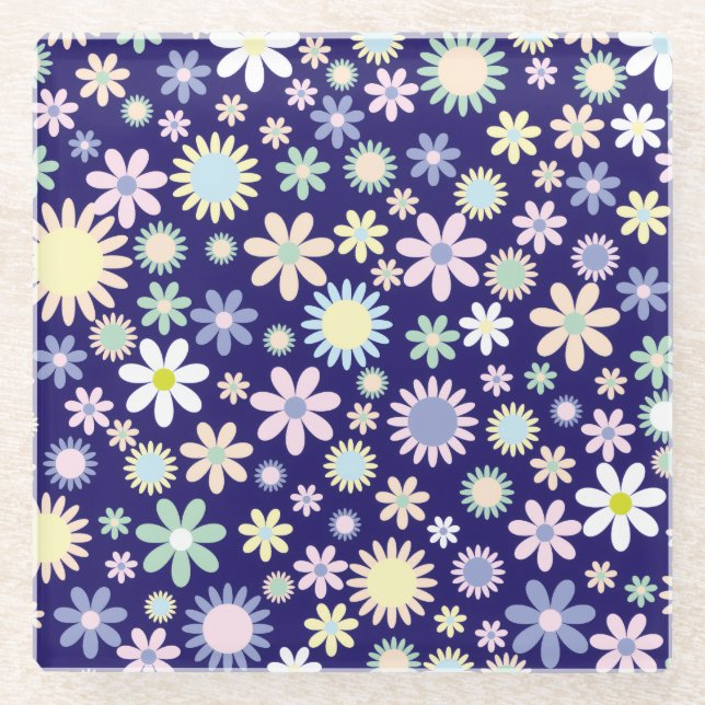Blue Background Floral Pattern Glass Coaster (Front)