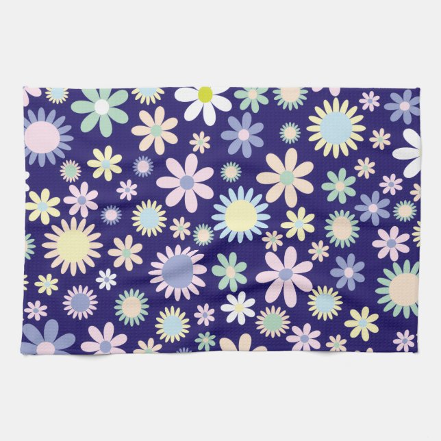 Blue Background Floral Pattern Tea Towel (Horizontal)