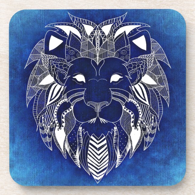 Blue Background Lion Cat Beverage Coasters (Front)