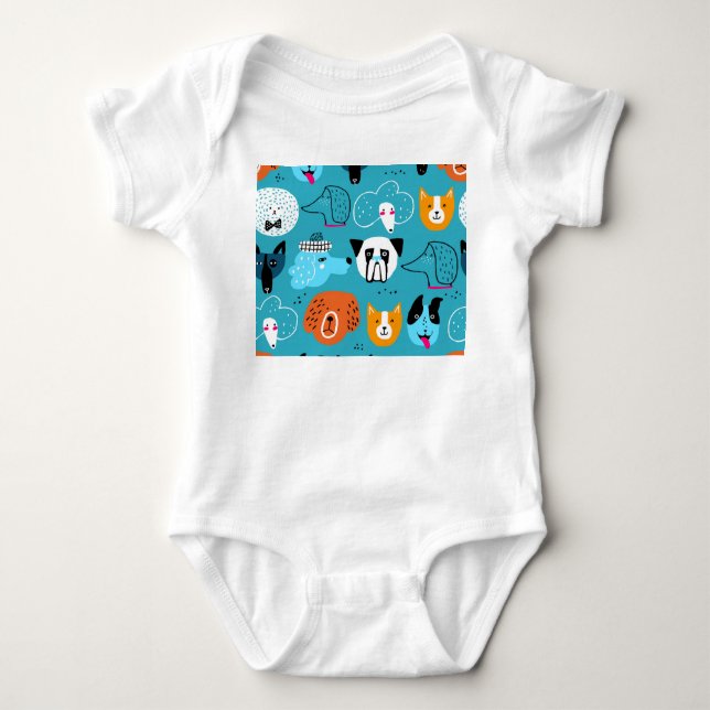 Blue Background, Playful Dog Pattern. Baby Bodysuit (Front)