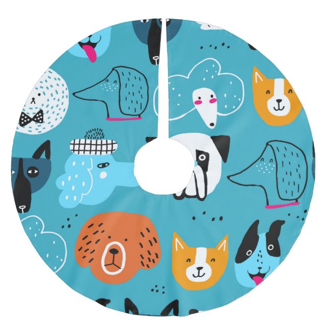 Blue Background, Playful Dog Pattern. Brushed Polyester Tree Skirt (Front)
