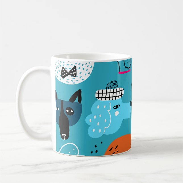 Blue Background, Playful Dog Pattern. Coffee Mug (Left)