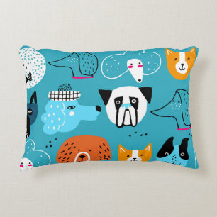 Blue Background, Playful Dog Pattern. Decorative Cushion