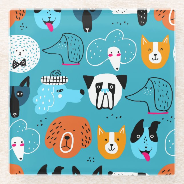 Blue Background, Playful Dog Pattern. Glass Coaster (Front)