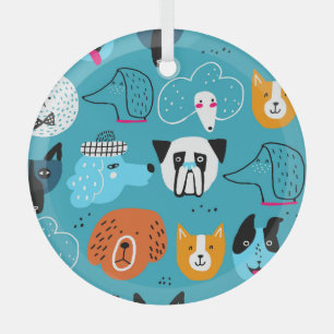 Blue Background, Playful Dog Pattern. Glass Tree Decoration
