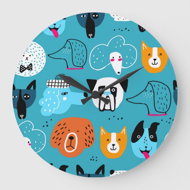 Blue Background, Playful Dog Pattern. Large Clock (Front)