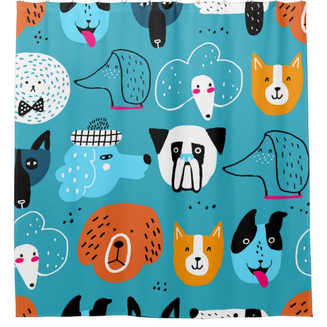 Blue Background, Playful Dog Pattern. Shower Curtain (Front)
