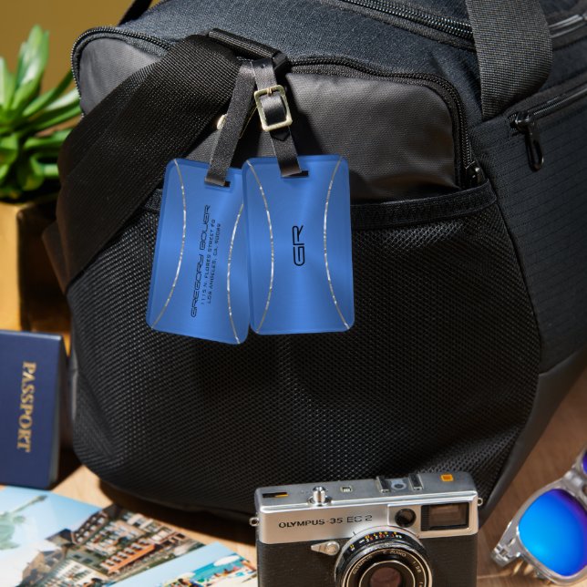 Blue Background silver stripes accent Luggage Tag (Front & Back)