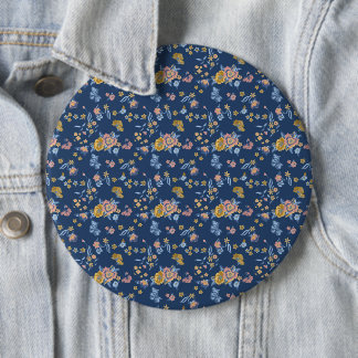 Blue Background Thread Effect Floral Pattern 6 Cm Round Badge