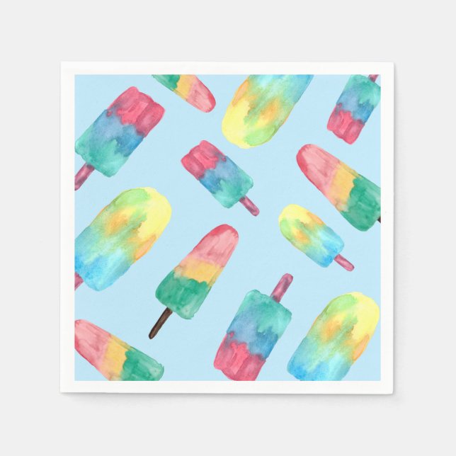 Blue background Watercolor Colourful Popsicles Napkin (Front)