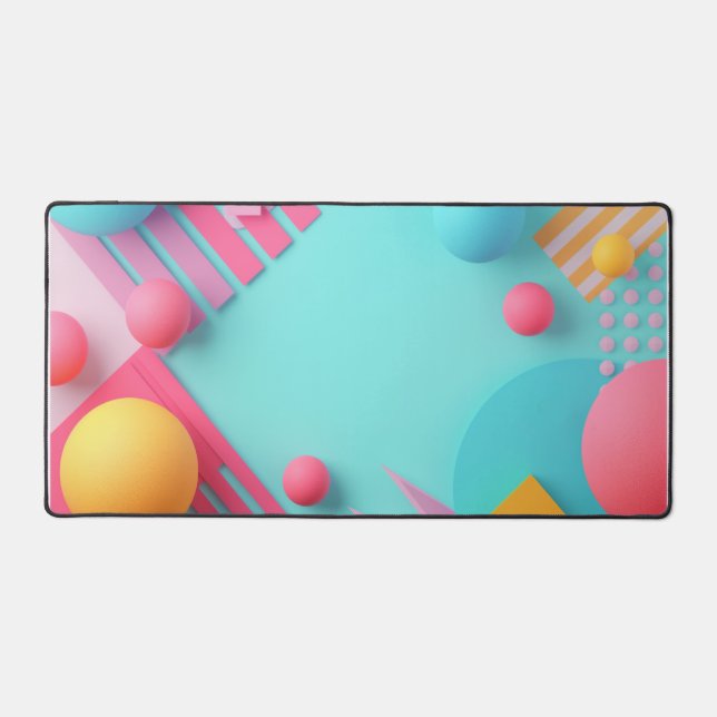 Blue background with assorted shapes and spheres desk mat (Front)