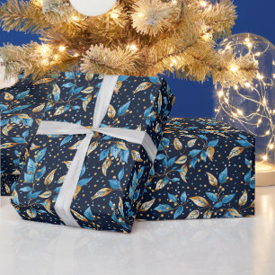 Blue Background With Brilliant Blue Holly Leaves Wrapping Paper