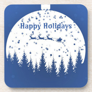 Blue Background with Christmas Ball and pine tree Coaster
