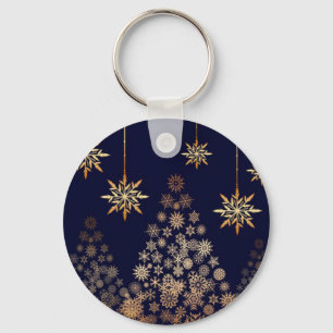 Blue Background with Golden Christmas Tree  Key Ring