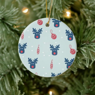 Blue Background With Rudolph and Christmas Balls Ceramic Tree Decoration