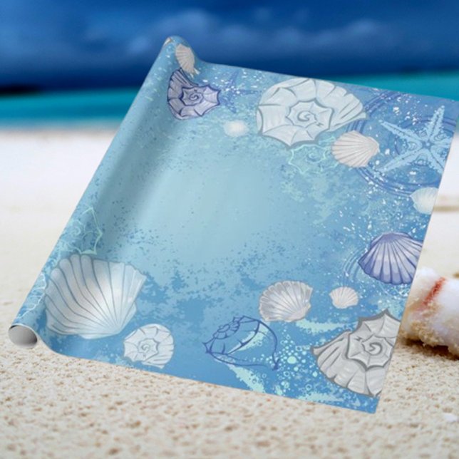  Blue Background with Seashells Wrapping Paper (Summer Celebrations with Our Beach Wrapping Paper!)