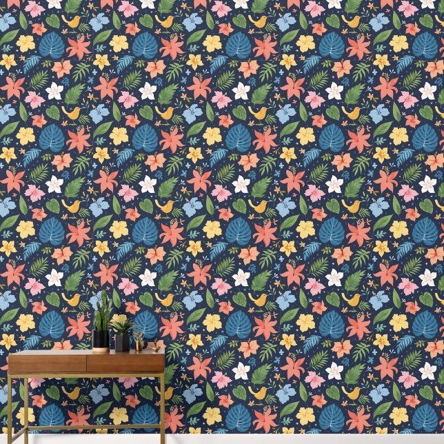 Blue background with tropical flowers wallpaper (Hallway)
