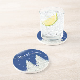 Blue Background With Withe Christmas Tree Coaster