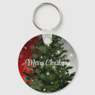 Blue Background With Withe Christmas Tree Key Ring