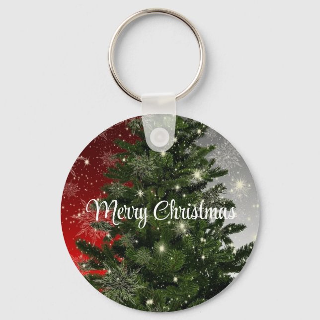 Blue Background With Withe Christmas Tree Key Ring (Front)