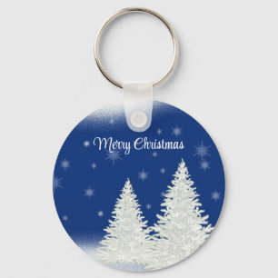 Blue Background With Withe Christmas Tree  Key Ring