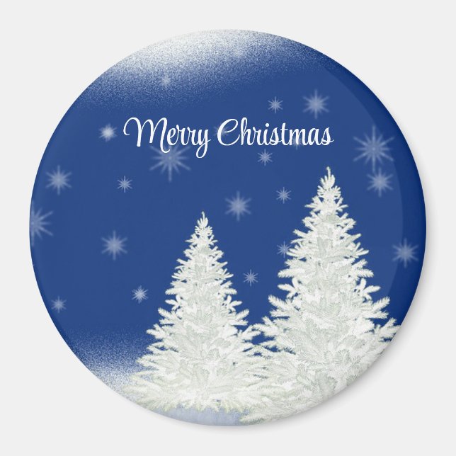 Blue Background With Withe Christmas Tree Magnet (Front)