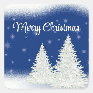Blue Background With Withe Christmas Tree  Square Sticker