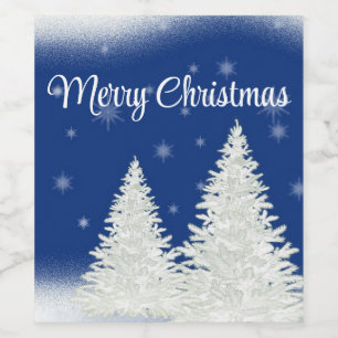 Blue Background With Withe Christmas Tree Wine Label