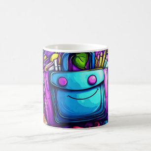blue backpack surrounded by colourful school suppl coffee mug