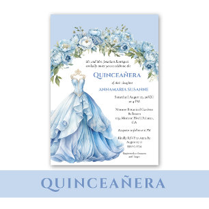 Blue Ball Gown Blue Floral Quinceañera Invitation