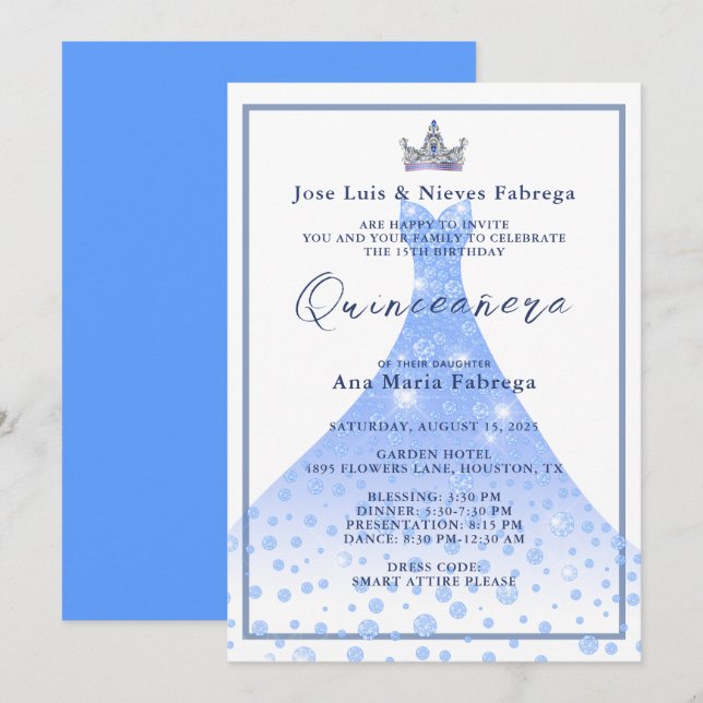 Blue Ball Gown & Tiara Quinceañera Birthday  Invitation (Front/Back)
