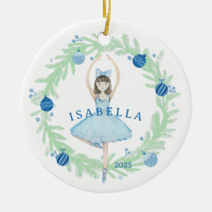 Blue Ballerina and Christmas Wreath  Ceramic Tree Decoration